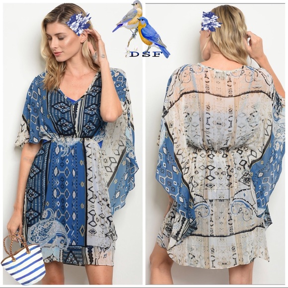 Dresses & Skirts - Blue / Ivory Tribal print Bat Wing Cape Mini Dress